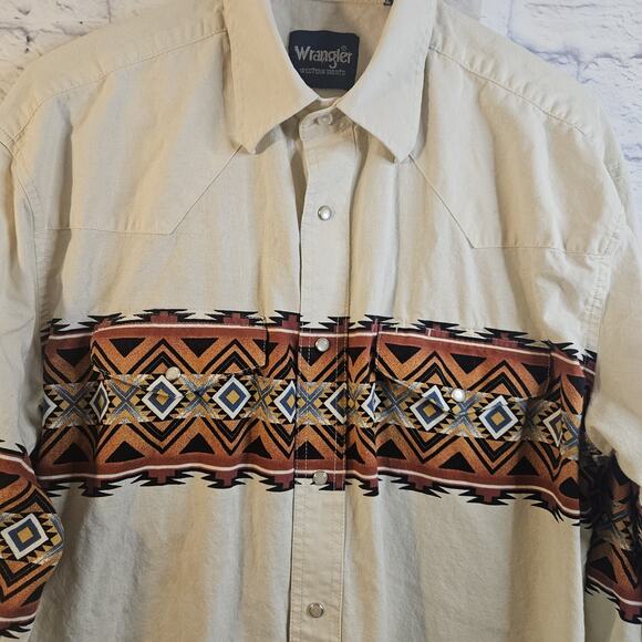 Vintage Wrangler Shirt Mens Large Pearl Snap Brushpopper Aztec Western Ivory - Picture 2 of 9